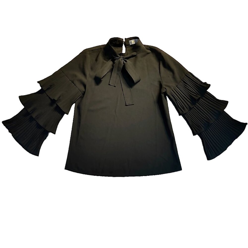 Vintage Black Goth Blouse W/ Broomstick Pleated Sleeves and Bow Tie Size Medium